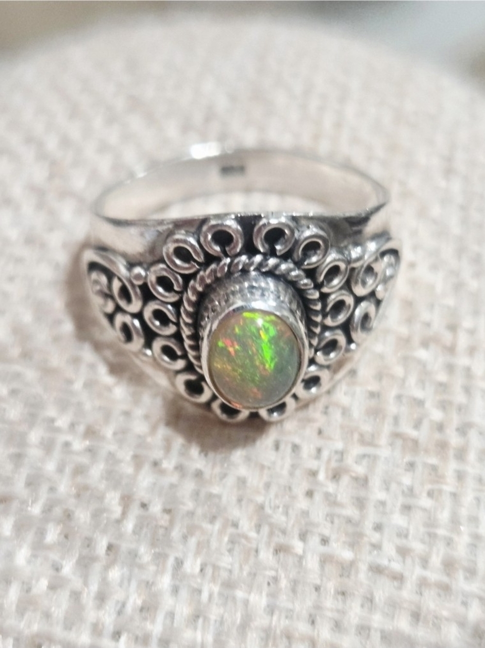 Sterling Silver Opal Statement Ring - Green Fire Opal~ Size 7